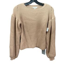 Maisie Sweater Chunky Heavy Knit Crew Neck Camel Brown Balloon Sleeves Small
